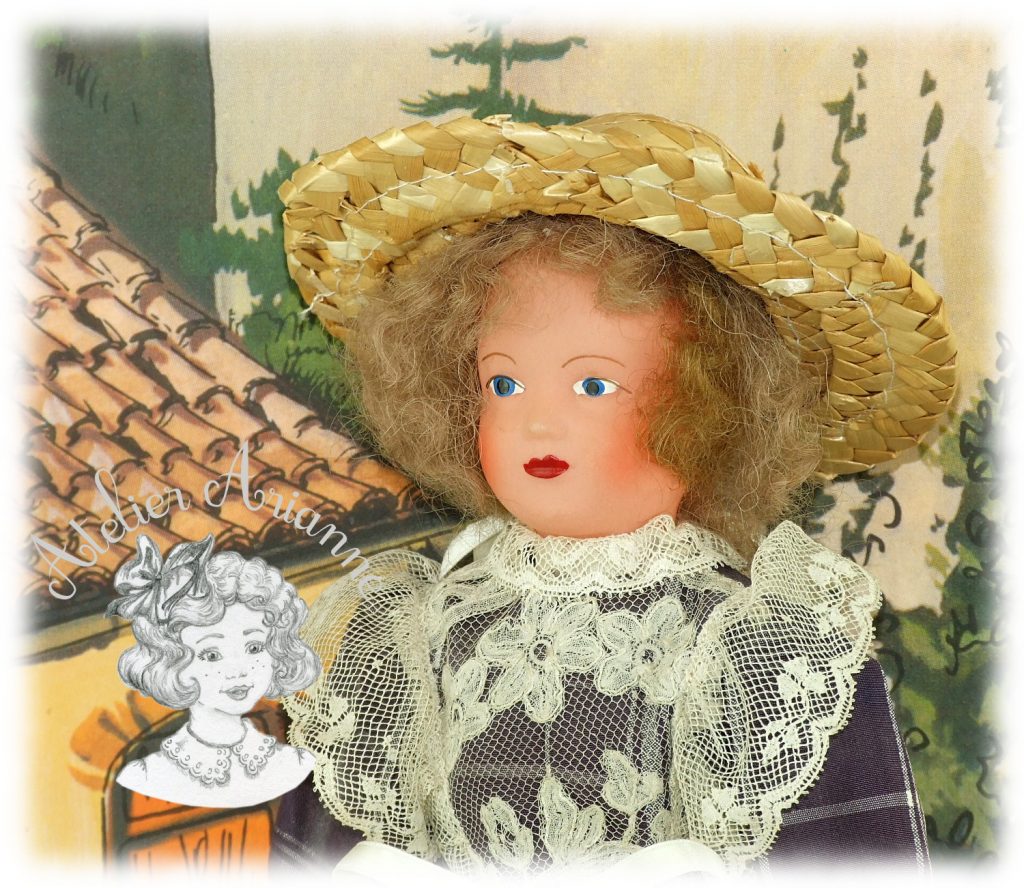 Fishmonger from MARSEILLE? PROVENCE PETITCOLLIN celluloïd bust head, 35 cm cloth articulated body circa 1940