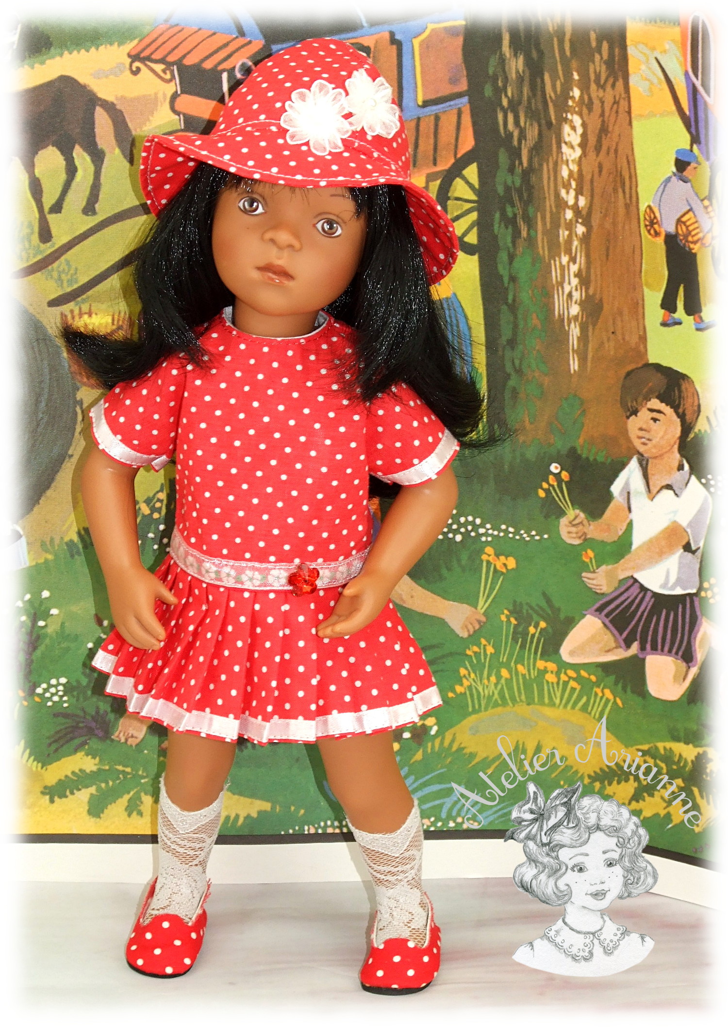 Nanette robe et chapeau -Tenue pour poupée Minouche de Petitcollin