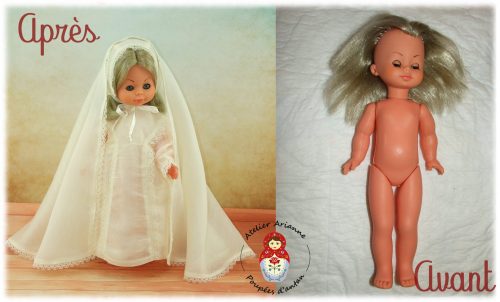 Clinique des poupées – lavage, coiffure et couture d’une tenue sur mesure pour une poupée Furga