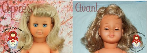 Clinique des poupées, restauration d’une Marie-Françoise de 1969 blonde aux cheveux longs et aux yeux bleus