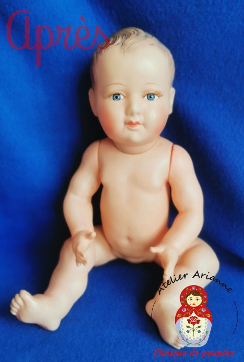 Réparation d’un baigneur Petitcollin en celluloïd.