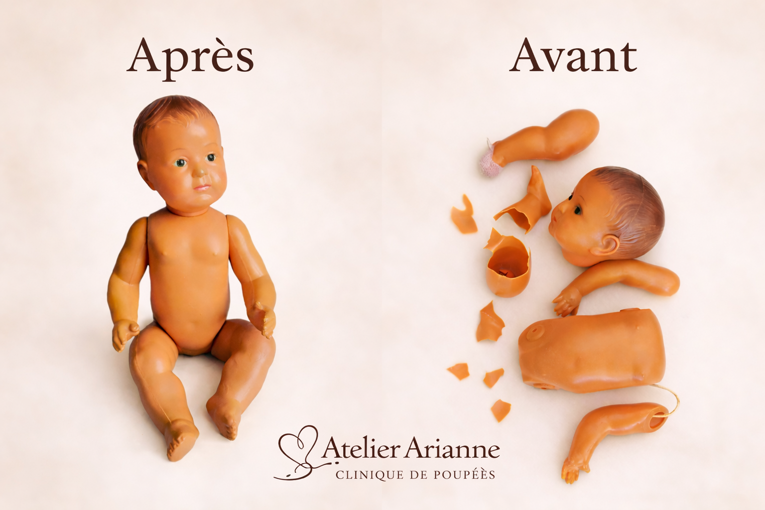 Restauration d’un baigneur Jacky en celluloïd – pour Madame Lauriane – Atelier Arianne-clinique et musée de poupées