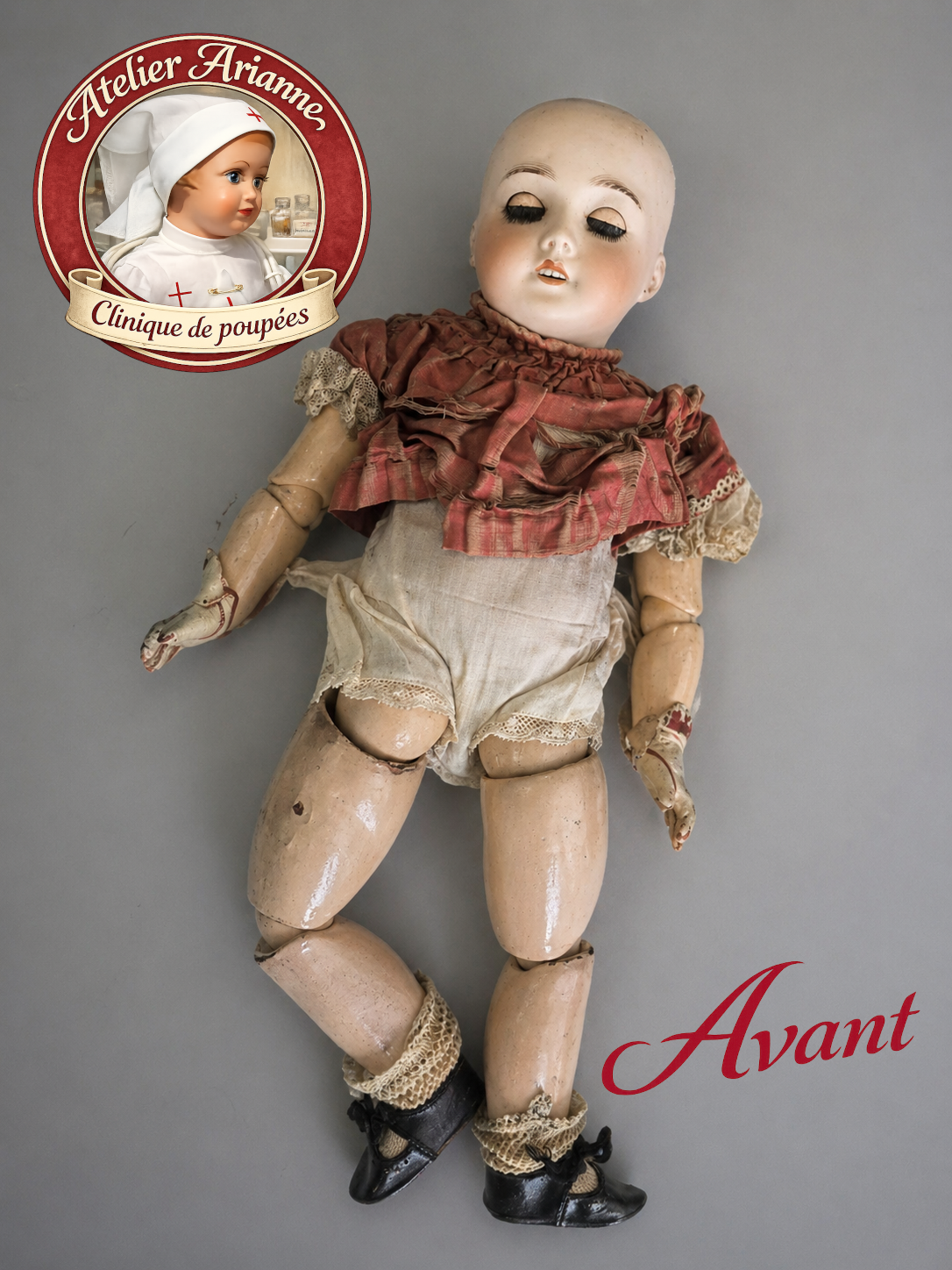 Poup&eacute;e T&ecirc;te Jumeau taille 20 &ndash; &eacute;tat avant restauration &ndash; Atelier Arianne clinique de poup&eacute;es