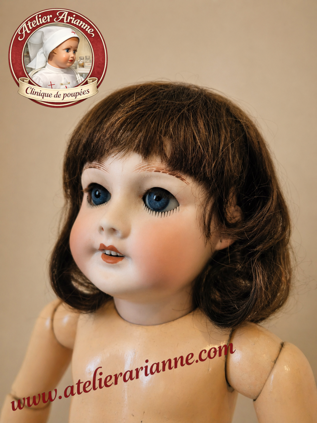 T&ecirc;te Jumeau taille 20 &ndash; d&eacute;tail du visage et des yeux &ndash; Atelier Arianne clinique de poup&eacute;es