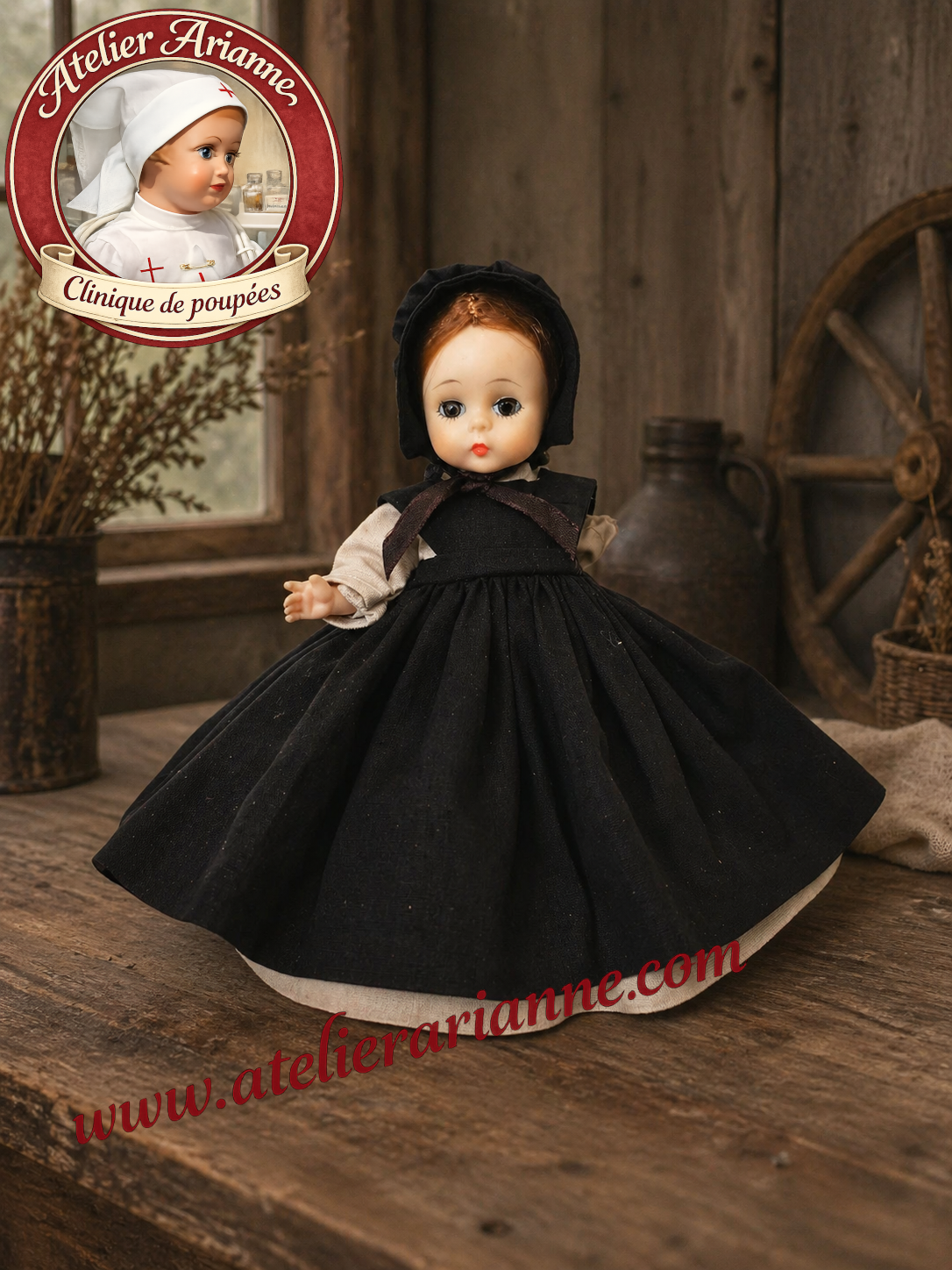 Poup&eacute;e Amish fille Madame Alexander &ndash; robe traditionnelle sombre, tablier noir et bonnet caract&eacute;ristique.