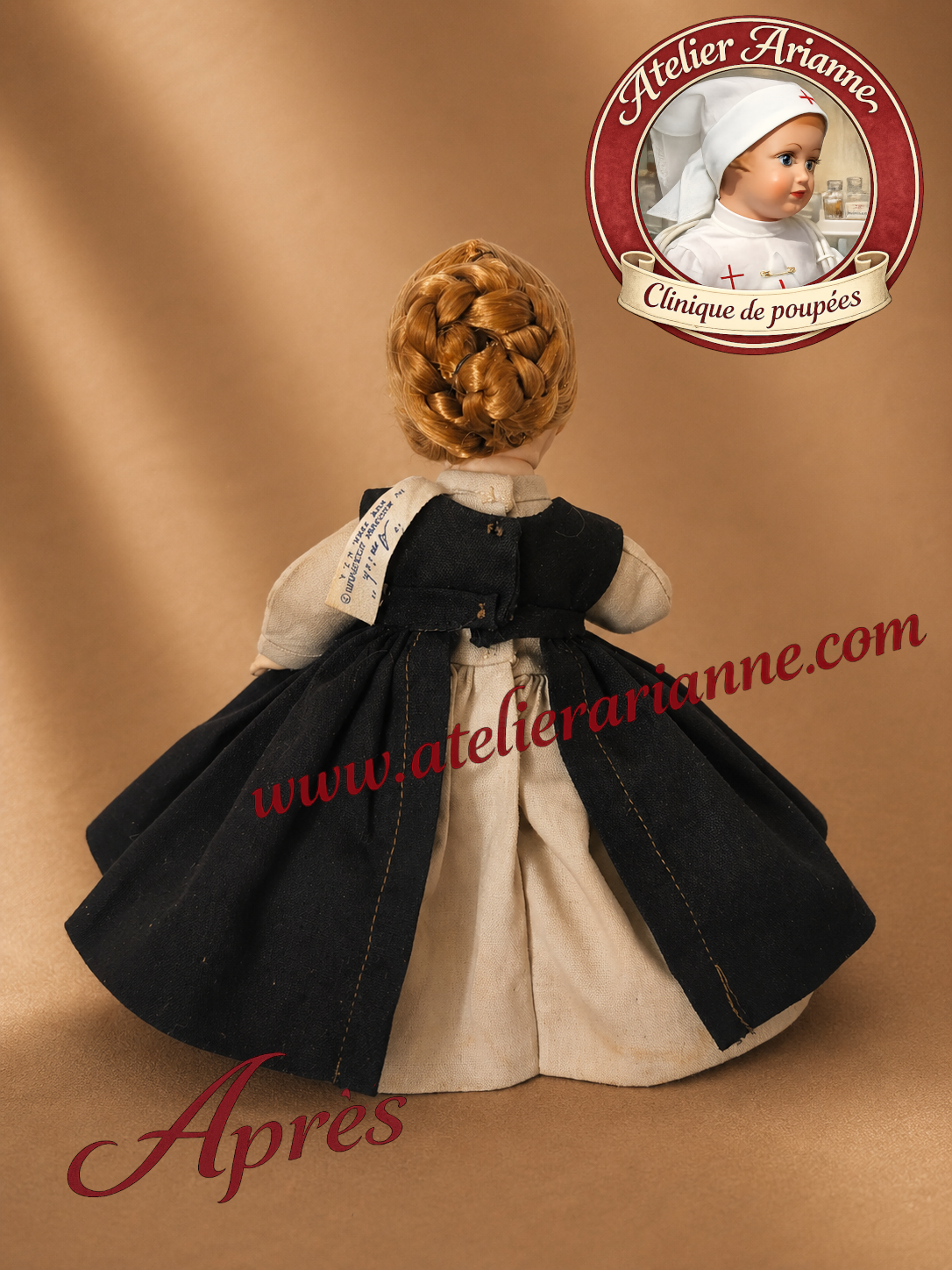 Vue arri&egrave;re apr&egrave;s restauration &ndash; tenue remise en place, plis et volume du v&ecirc;tement retrouv&eacute;s.