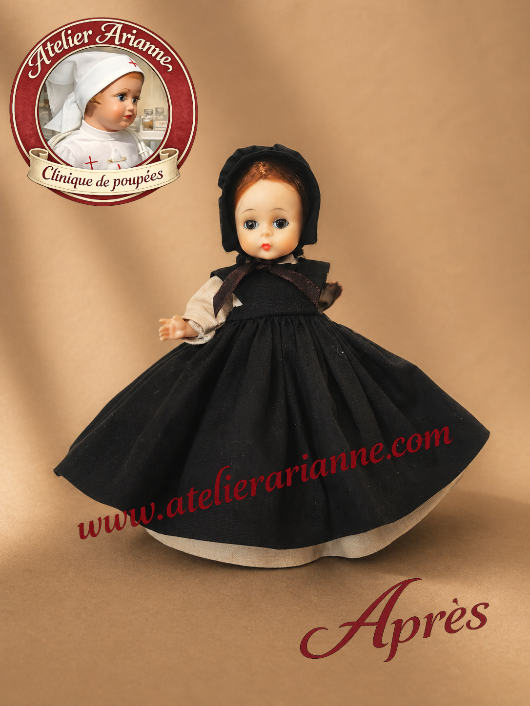 Apr&egrave;s restauration &ndash; poup&eacute;e enti&egrave;rement remise en &eacute;tat, tenue r&eacute;ajust&eacute;e et &eacute;l&eacute;gance retrouv&eacute;e.