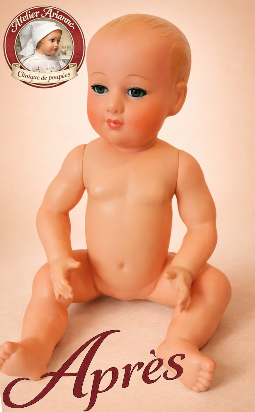 Baigneur Petitcollin restauré après intervention – visage et corps stabilisés – Atelier Arianne clinique et musée de poupées