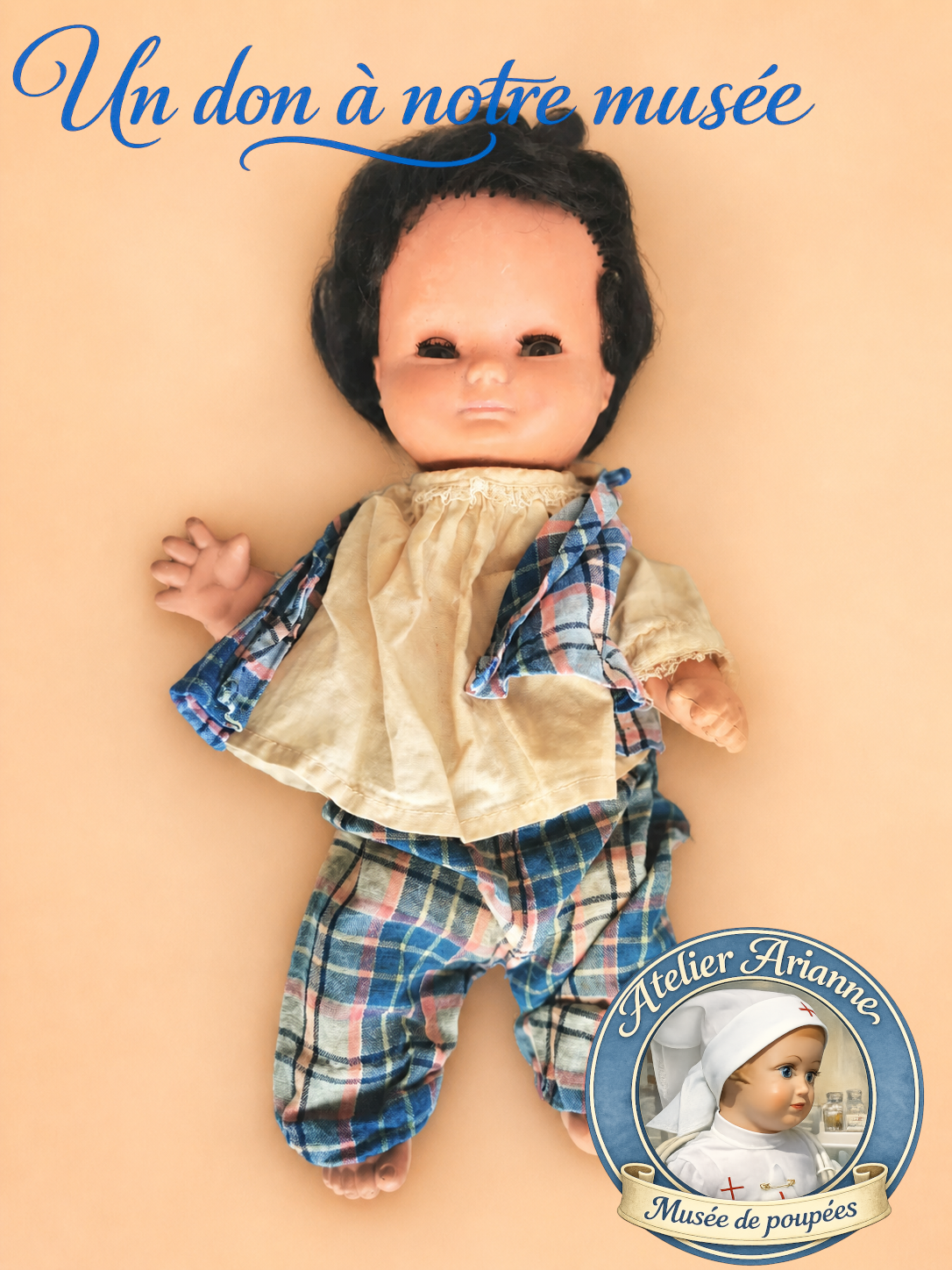 Poupon Mick de Clodrey, daté de 1966, issu d’un don de poupées anciennes au musée Atelier Arianne avec ses souvenirs d’enfance.