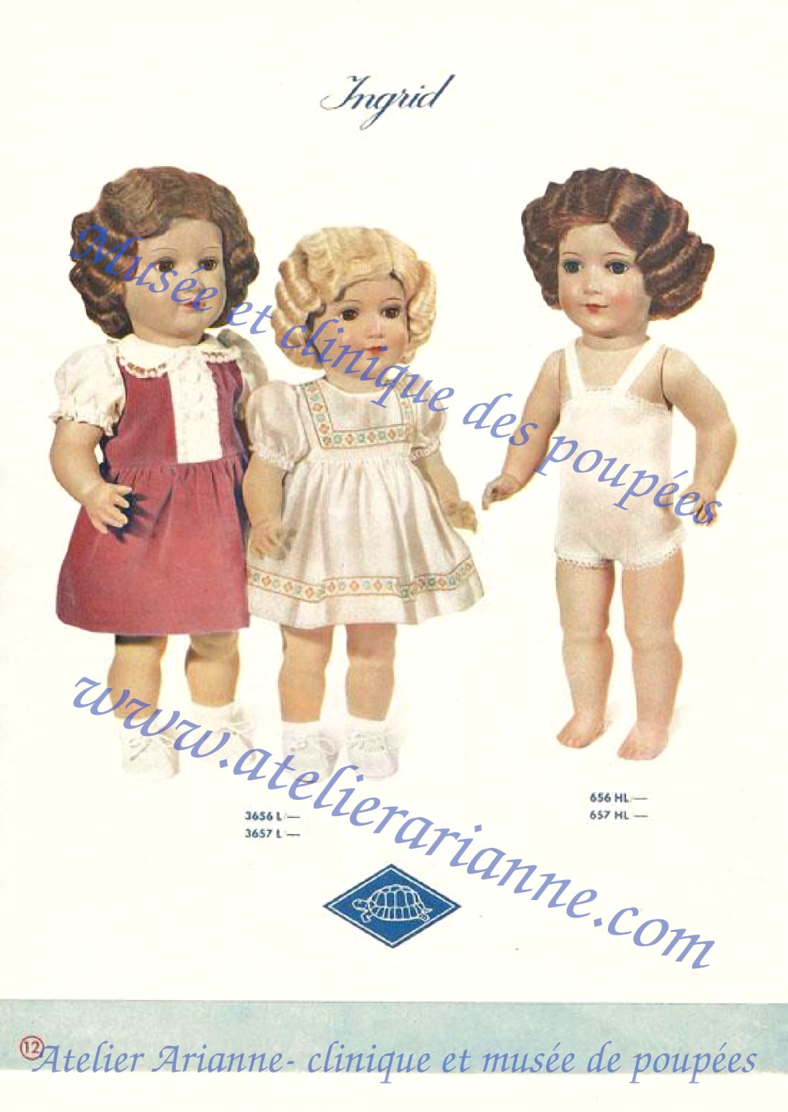 Page 12 du catalogue Schildkr&ouml;t-Puppen des ann&eacute;es 1950 consacr&eacute;e au mod&egrave;le Ingrid.

La page pr&eacute;sente trois variantes de la poup&eacute;e Ingrid. &Agrave; gauche, Ingrid est habill&eacute;e d&rsquo;une robe rouge avec empi&egrave;cement blanc et manches courtes. Au centre, une autre version porte une robe claire d&eacute;cor&eacute;e de motifs color&eacute;s, avec cheveux blonds coiff&eacute;s en boucles lat&eacute;rales. &Agrave; droite, la poup&eacute;e est pr&eacute;sent&eacute;e en version non habill&eacute;e, avec sous-v&ecirc;tement blanc, ce qui permet d&rsquo;observer la forme du corps et la coiffure moul&eacute;e.

Les coiffures moul&eacute;es sont particuli&egrave;rement visibles sur cette page : deux versions brunes et une version blonde, avec des boucles travaill&eacute;es sur les c&ocirc;t&eacute;s de la t&ecirc;te.

Le logo Schildkr&ouml;t &agrave; la tortue appara&icirc;t dans la partie inf&eacute;rieure centrale de la page.