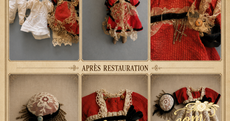 ✨ Restauration d’une tenue ancienne de poupée mignonette : dentelle, coiffe et couture à la main