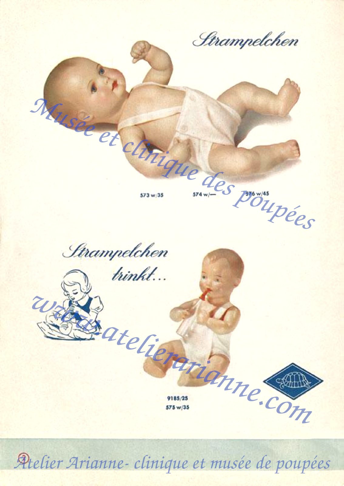 Page du catalogue Schildkr&ouml;t-Puppen des ann&eacute;es 1950 consacr&eacute;e au mod&egrave;le Strampelchen. La partie sup&eacute;rieure pr&eacute;sente un grand b&eacute;b&eacute; allong&eacute;, v&ecirc;tu d&rsquo;une simple couche blanche, dans une position tr&egrave;s naturelle de nourrisson. Les r&eacute;f&eacute;rences visibles sous ce mod&egrave;le sont 573 w/35, 574 w/&mdash; et 575 w/45.
