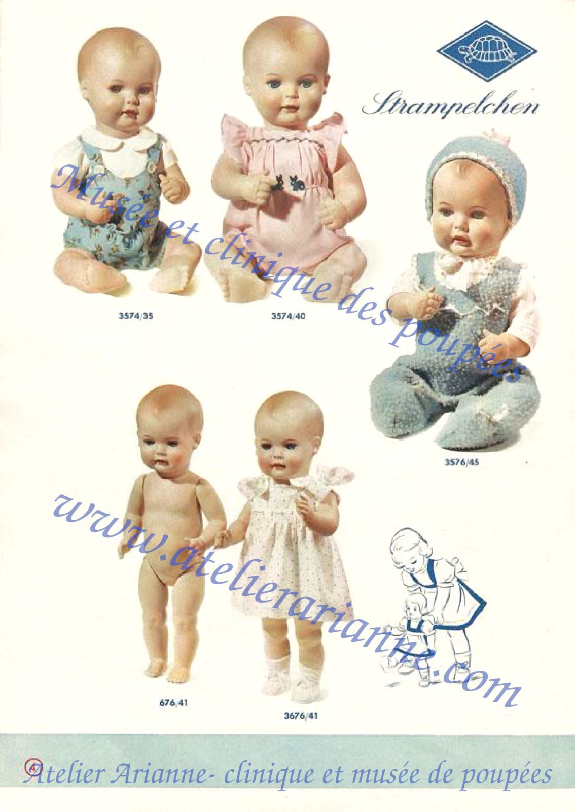 Page 4 du catalogue Schildkr&ouml;t-Puppen des ann&eacute;es 1950 consacr&eacute;e au mod&egrave;le Strampelchen.

La page pr&eacute;sente plusieurs variantes de b&eacute;b&eacute;s Strampelchen. En haut &agrave; gauche, on voit un b&eacute;b&eacute; assis habill&eacute; d&rsquo;une petite barboteuse bleue imprim&eacute;e, r&eacute;f&eacute;rence 3574/35. &Agrave; c&ocirc;t&eacute;, un autre b&eacute;b&eacute; assis porte une tenue rose, r&eacute;f&eacute;rence 3574/40.
