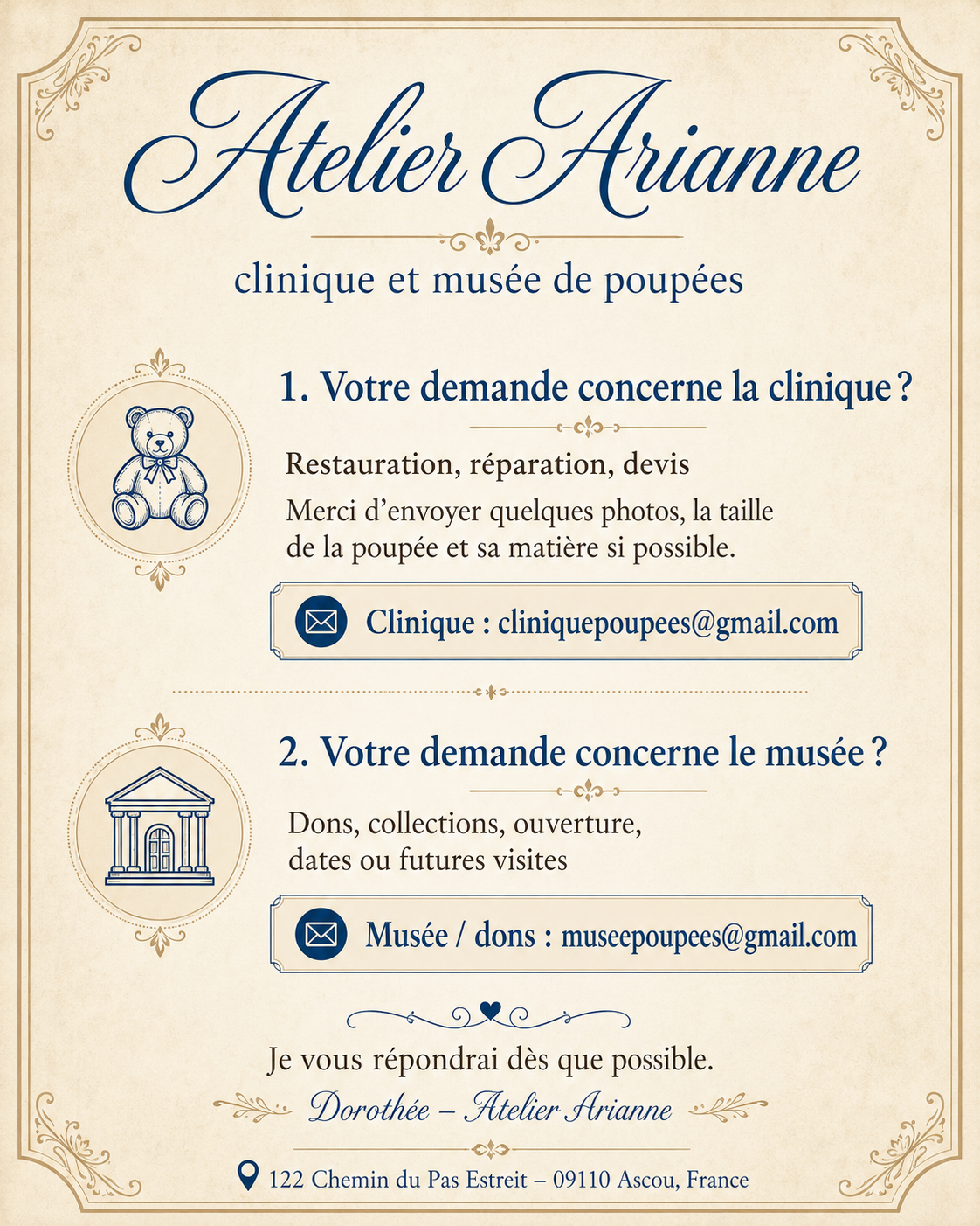 Affiche Atelier Arianne expliquant comment contacter la clinique de poup&eacute;es pour une restauration, une r&eacute;paration ou un devis.