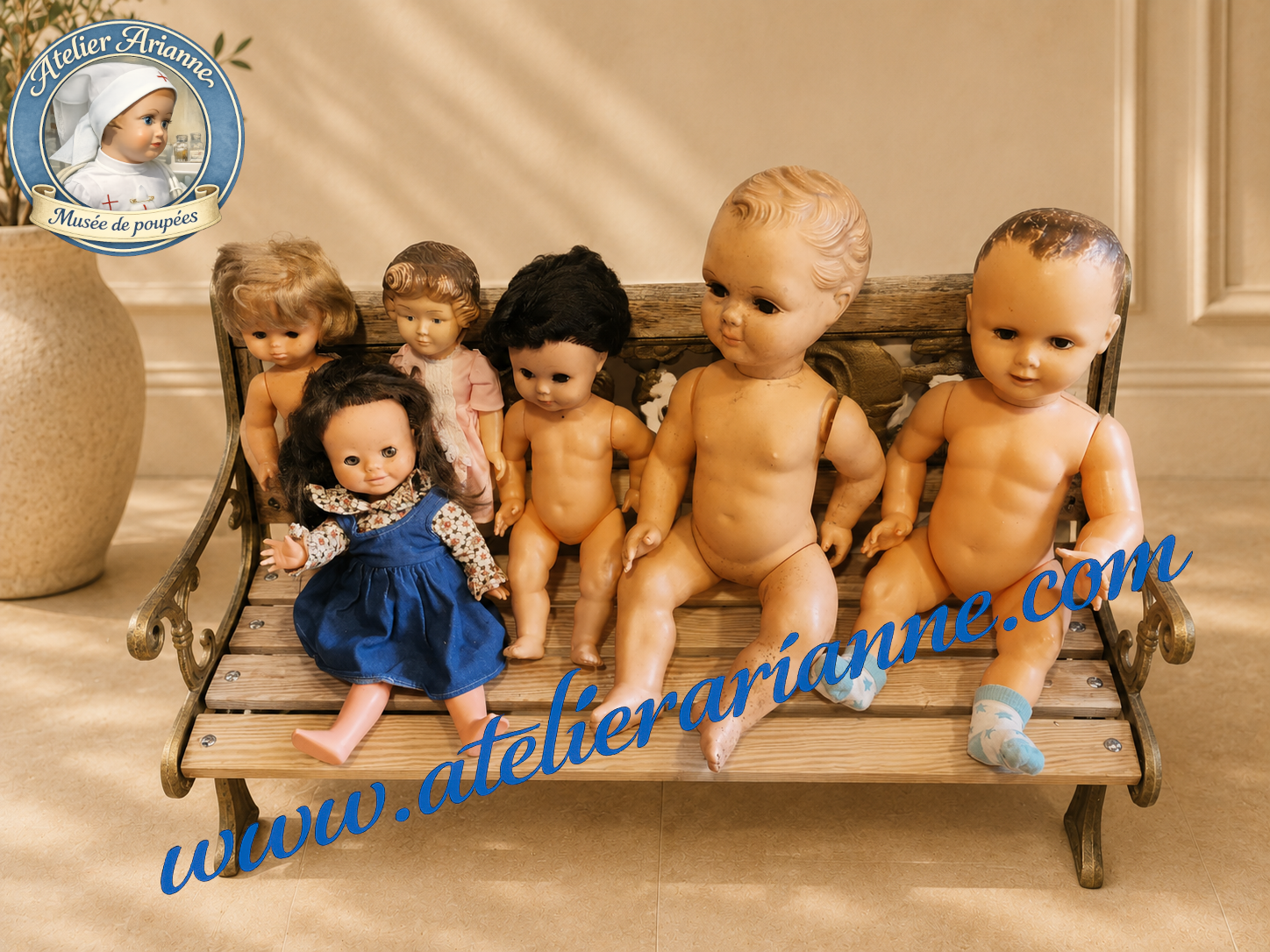 Un autre joli groupe de poup&eacute;es arriv&eacute; avec le don de Christiane.

Parmi elles, la petite poup&eacute;e en robe bleue est particuli&egrave;rement int&eacute;ressante, car son v&ecirc;tement semble &ecirc;tre d&rsquo;origine. Ce genre de d&eacute;tail est tr&egrave;s pr&eacute;cieux pour le mus&eacute;e : il permet de conserver une trace plus compl&egrave;te de la poup&eacute;e, de son &eacute;poque et de sa pr&eacute;sentation initiale.

M&ecirc;me lorsqu&rsquo;elles ont besoin d&rsquo;&ecirc;tre nettoy&eacute;es, restaur&eacute;es ou simplement r&eacute;pertori&eacute;es, ces poup&eacute;es racontent chacune une petite partie de l&rsquo;histoire de l&rsquo;enfance.

Doroth&eacute;e &ndash; Atelier Arianne &ndash; clinique et mus&eacute;e de poup&eacute;es