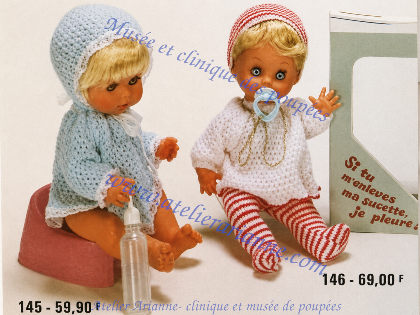 Cicciotto et Coccolino, deux poupons de 1978 avec yeux dormeurs et cheveux implantés, présentés dans un catalogue de poupées.