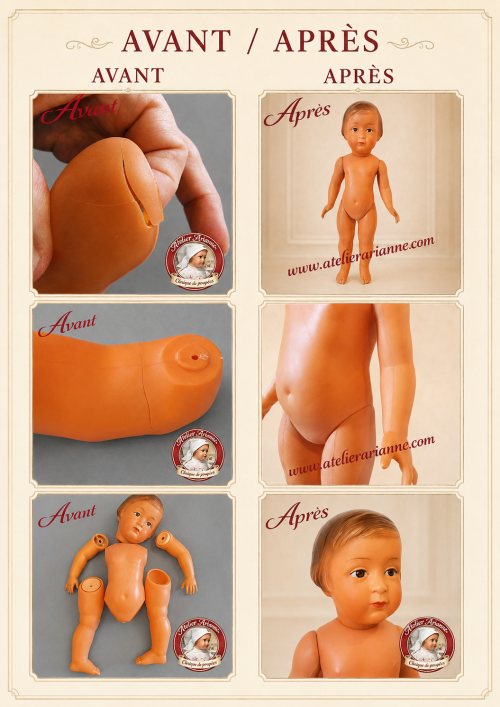 ✨ Restauration d’une poupée Josette SNF en celluloïd : réparation du torse et remplacement des élastiques