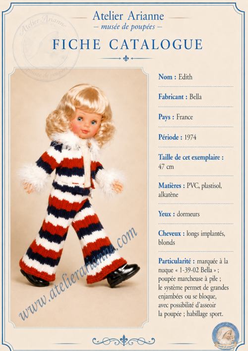 Edith de Bella – une poupée marcheuse de 1974 dans les fiches du musée Atelier Arianne