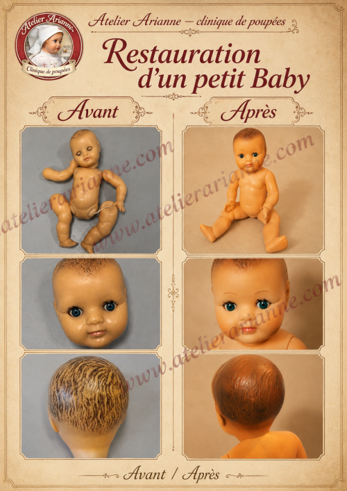 🧸 Clinique de poupées : la restauration d’un petit Baby ancien confié à Atelier Arianne