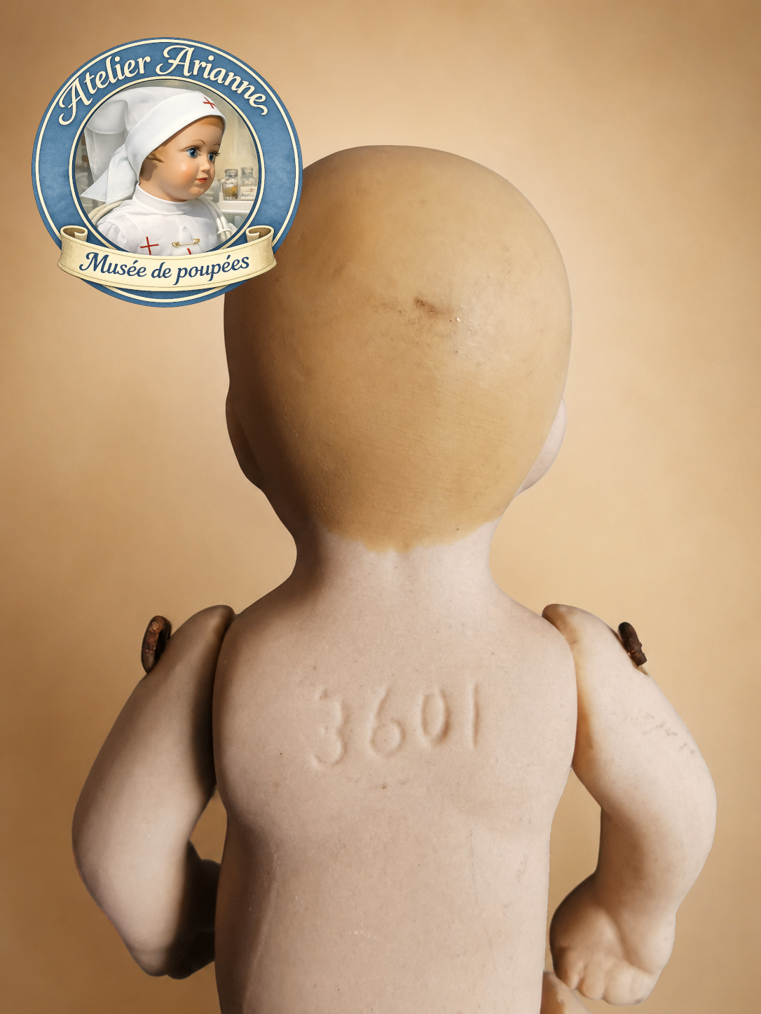 D&eacute;tail du marquage 3601 sur le dos d&rsquo;une poup&eacute;e ancienne miniature, document&eacute; pour l&rsquo;identification et les archives du mus&eacute;e Atelier Arianne.