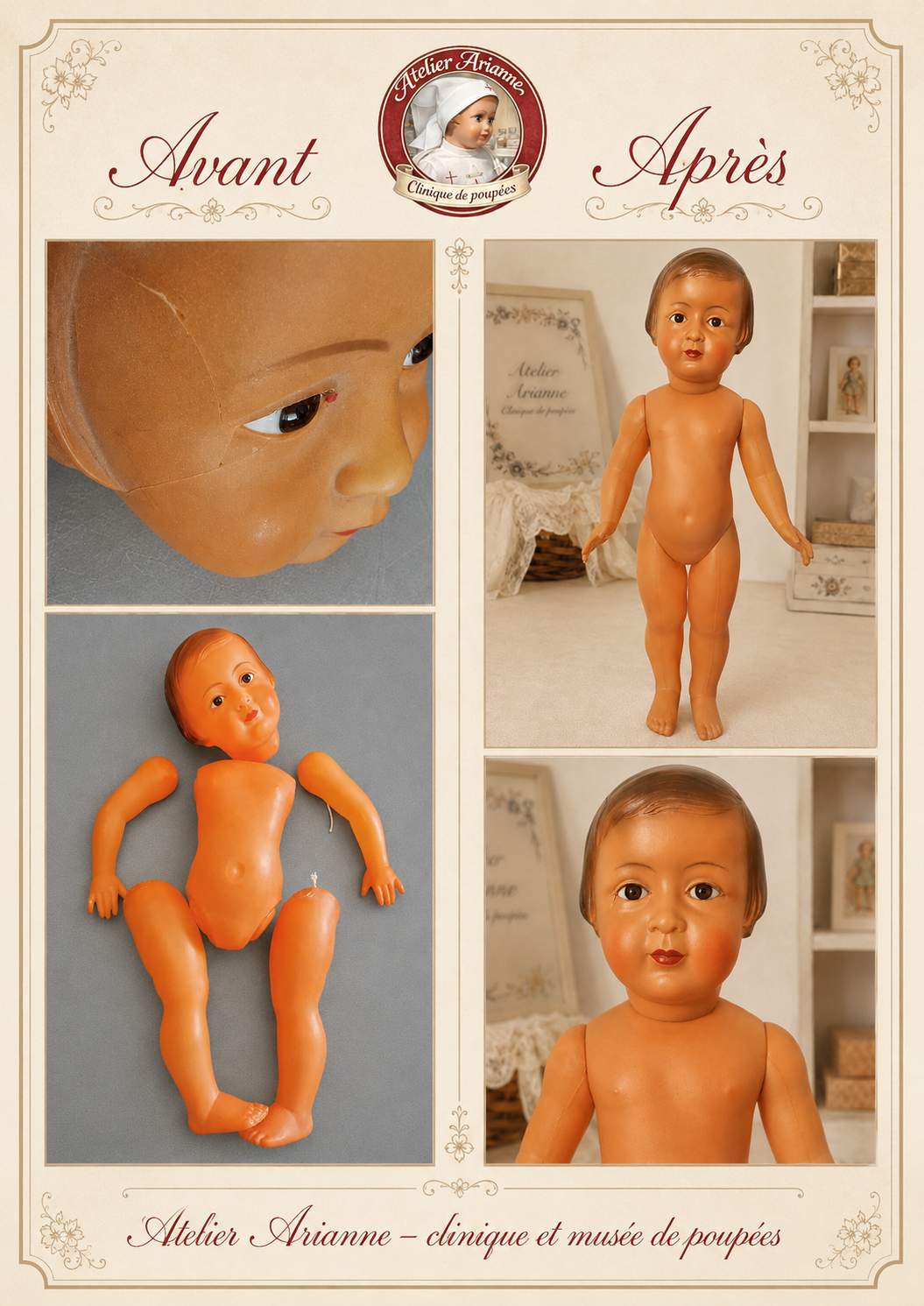 ✨ Restauration d’une poupée Josette en celluloïd à la clinique de poupées Atelier Arianne ✨