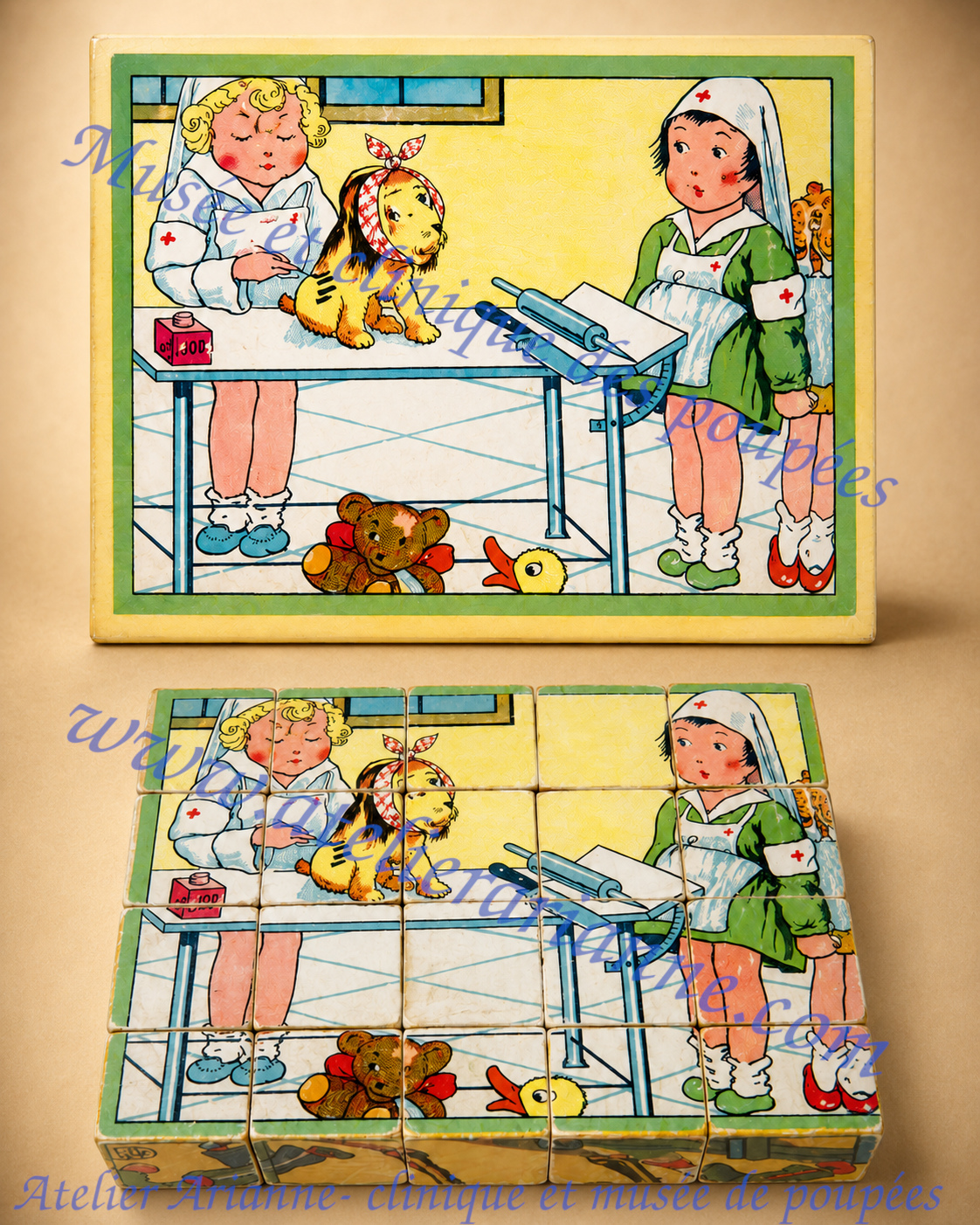 Ancien jeu de cubes en bois reconstituant une sc&egrave;ne de clinique pour enfants avec deux infirmi&egrave;res, un chien soign&eacute; et des jouets.