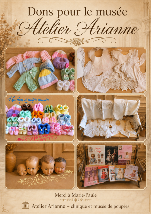 ✨ Don au musée de poupées Atelier Arianne : vêtements anciens, chaussons tricotés et documents de poupées ✨