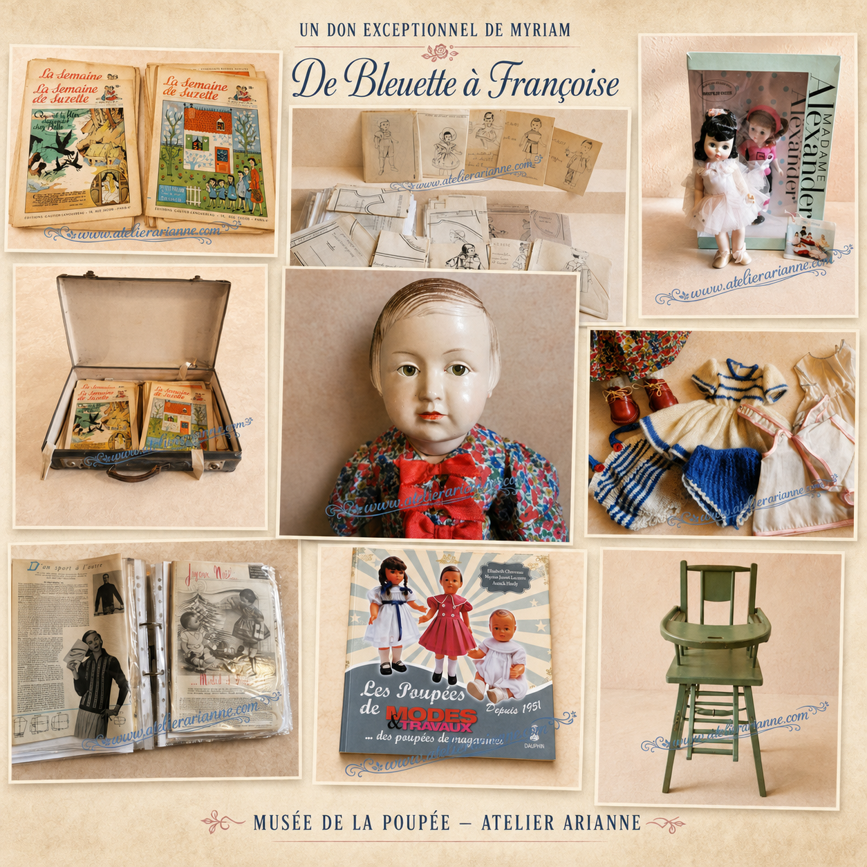 Collage du don de Myriam avec la poupée Françoise Modes & Travaux, son trousseau, des patrons et des revues anciennes.