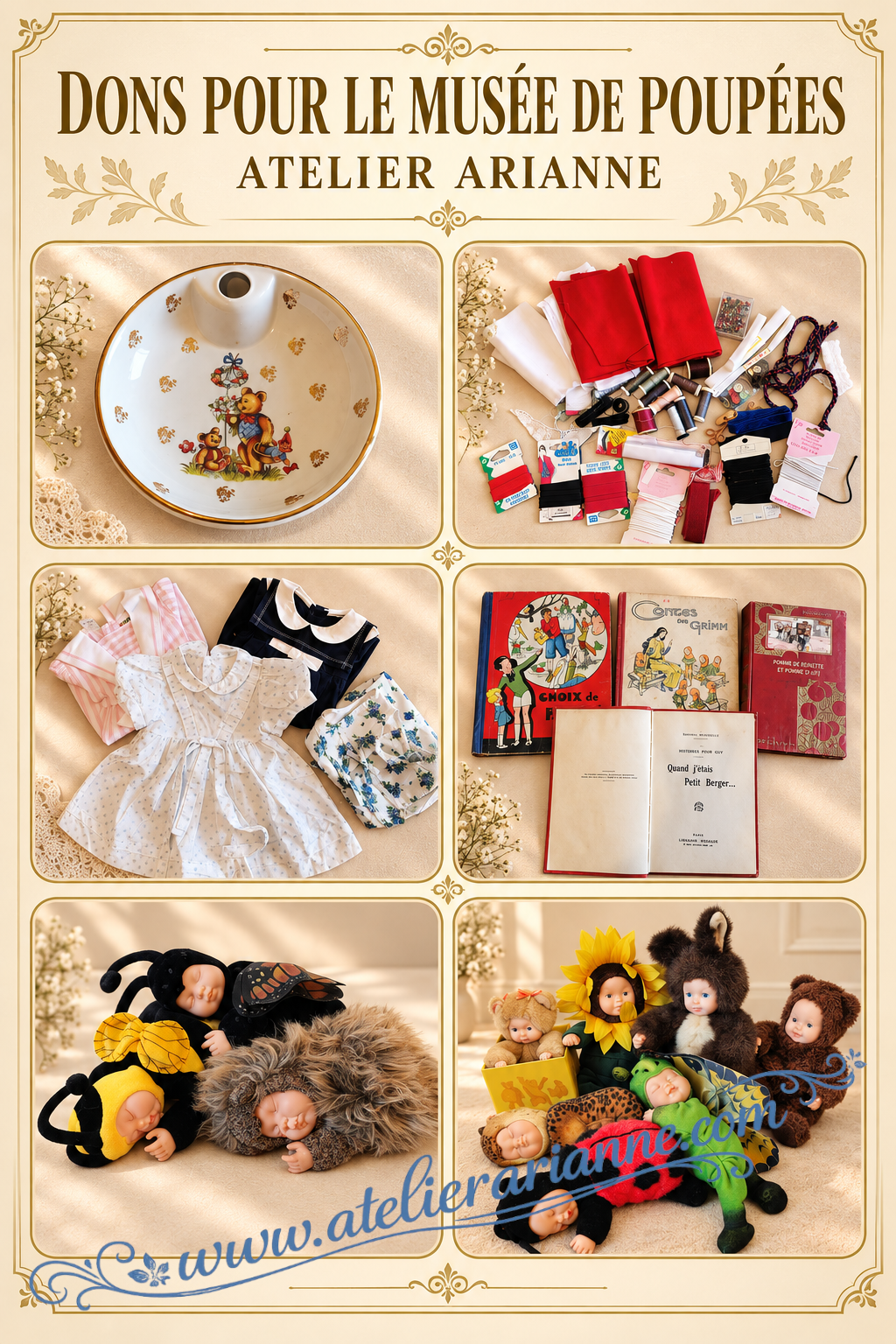 Collection de poupées Anne Geddes en costumes d’animaux offerte au Musée de poupées Atelier Arianne