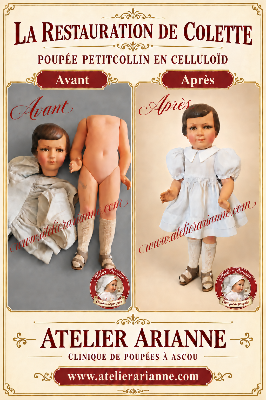CLINIQUE DE POUPÉES – LA RESTAURATION DE COLETTE, POUPÉE PETITCOLLIN EN CELLULOÏD