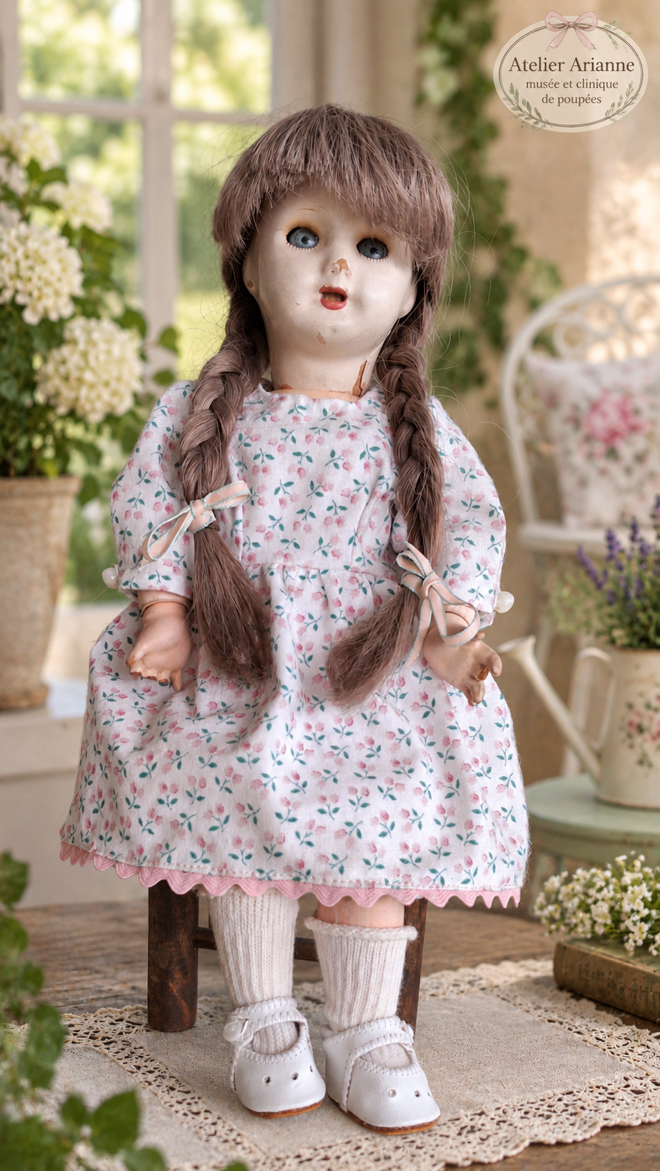 Bleuette de 1952 avec tête en composition, robe fleurie et longues tresses