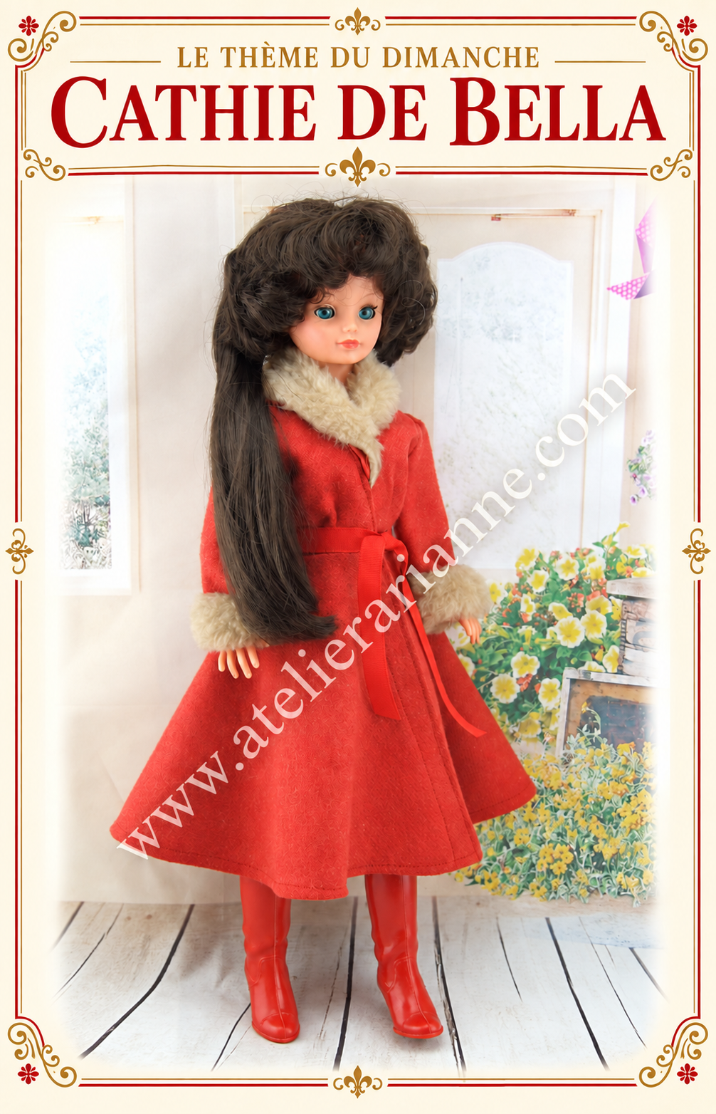 Cathie de Bella de 1982 en manteau rouge Grenat – thème de la semaine Atelier Arianne