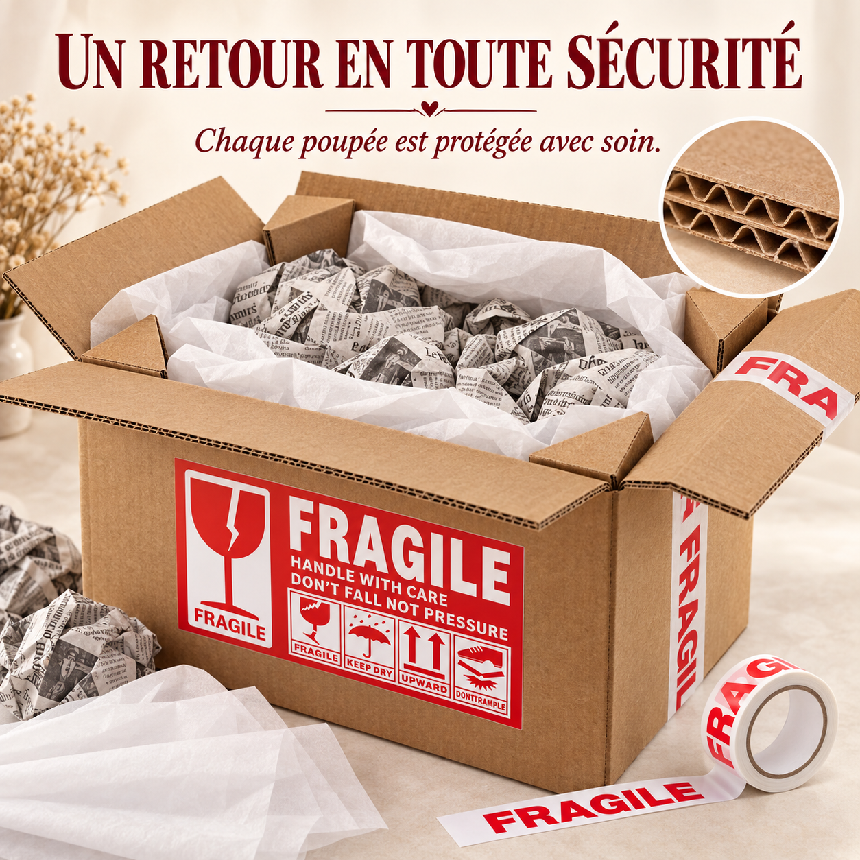 Emballage renforcé pour le retour des poupées restaurées